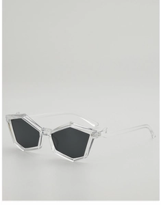 Detail of futuristic transparent geometric polygon sunglasses with dark grey lenses