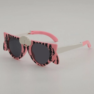 Occhiali da sole per bambini a forma di gatto rosa con strisce e lenti grigie
