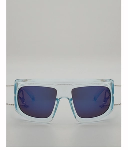 Detail of square oversized Y2K sunglasses in light blue with silver link chain