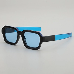Square black sunglasses with blue lenses and two-tone spliced temples for outdoor wear