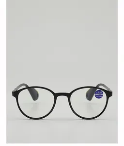 Detail einer runden schwarzen Lesebrille mit Blaulichtfilter und +3.50 Dioptrien Stärke