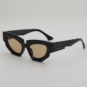 Irregular cat-eye sunglasses with glossy black frames and tan lenses for hip-hop style