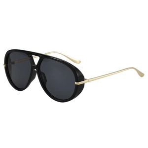 Fashionable oversized black aviator sunglasses with gold metal temples and dark lenses