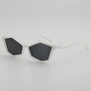 Futuristic white pentagon sunglasses with jagged lightning temples and dark lenses