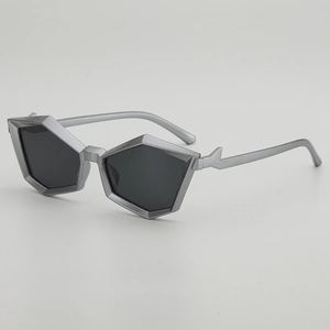 Punk silver geometric pentagon sunglasses with dark lenses for futuristic edgy style