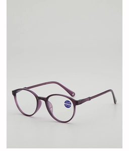 Detailansicht der lila Lesebrille mit runden Rahmen und +2.00 Dioptrien Aufkleber