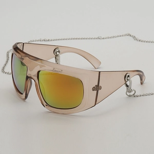 Chic oversized Y2K sunglasses with brown frame, gradient lenses and silver metal chain