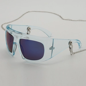 Y2K oversized square frame sunglasses with blue transparent frame and silver metal chain