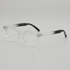 Minimalist square transparent glasses frames with black gradient temples on grey background