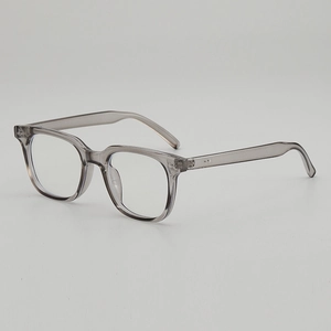Minimalist square translucent grey eyeglass frames shown from a 45-degree angle