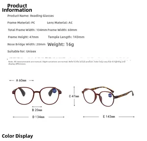 Detailed sizing guide showing frame dimensions for lightweight anti-blue light reading glasses