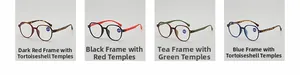 Detail view of round frame reading glasses in various colors and stylish leopard temples
