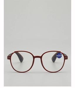 Close-up of anti-blue light reading glasses with red round frame and +4.00 lens label