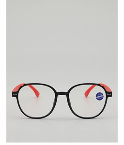 Front view of anti-blue light reading glasses with red and black frames, +1.00 strength