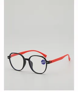 Detail of red and black reading glasses with anti-blue light filter and 1.00 strength