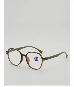 Detail of round retro reading glasses with anti-blue light lens and 1.00 strength