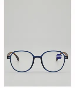 Close-up of blue anti-blue light reading glasses with +1.00 power and tortoise temples