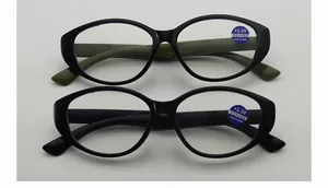 Detail view of anti-blue light reading glasses with black oval frames and PD 62-64mm lenses