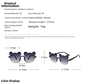 Size chart showing dimensions for children bear-shaped sunglasses with purple lenses