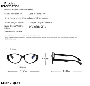 Detailed size chart for black oval anti-blue light reading glasses with PC frame dimensions