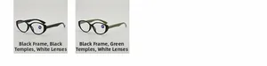 Detail of blue light blocking lenses with stylish black and green frame temple options