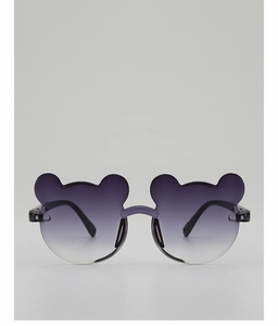 Close-up of children's sunglasses with bear ears and purple gradient lenses