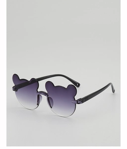 Detailed macro shot of child sunglasses with bear-ear frames and purple gradient lenses