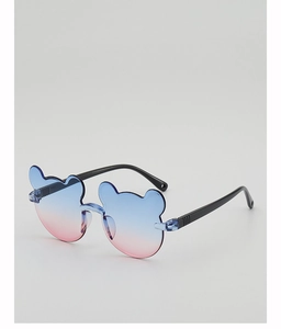 Detail of bear-shaped rimless children sunglasses with blue-pink gradient lenses