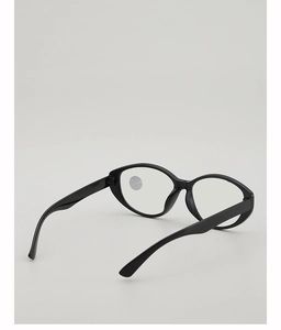 Close-up of black full-rim reading glasses with +2.50 magnification lenses