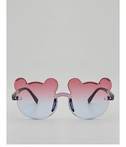 Detail of cartoon bear ear shaped lenses with pink and blue gradient tint on kids sunglasses