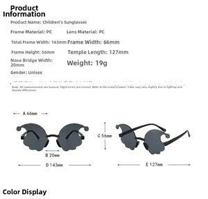 Detailed technical size chart for children's clown party sunglasses with PC frame measurements