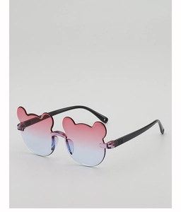Detail of rimless bear shaped sunglasses with red and blue gradient lenses for kids