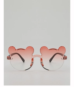 Front view of cute bear-ear kids sunglasses with red-white gradient lenses and black temples