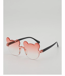 Close-up of children's bear-ear shaped sunglasses with red gradient lenses and black temples