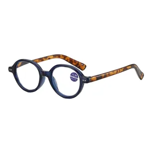 Occhiali da lettura tondi blu con stanghette tartarugate e lenti anti-luce blu