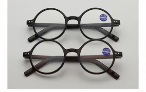Close-up of black and tortoiseshell round reading glasses with anti-blue light lens stickers