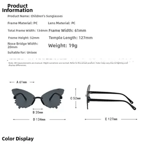 Detailed size chart for kids butterfly sunglasses with PC frame measurements