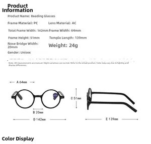 Detailed size chart for round reading glasses showing frame width and lens height dimensions