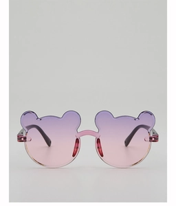 Detail of bear-shaped gradient purple lenses and pink bridge on cute kids sunglasses