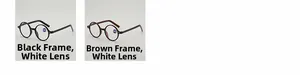 Detail view of round frame reading glasses in black and amber colors with anti-blue lenses