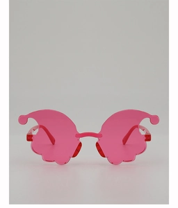 Close-up of pink cloud-shaped rimless sunglasses for party and fun photo props