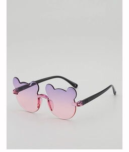 Detailed view of bear-shaped rimless sunglasses with purple-pink gradient lenses for kids