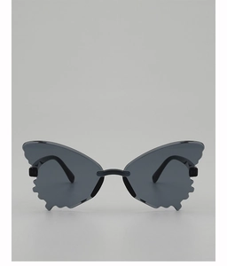 Front view of butterfly-shaped rimless sunglasses with dark grey lenses for kids