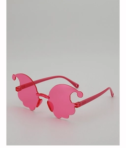 Side view of cute pink ghost shaped rimless sunglasses for party prop use