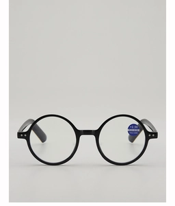 Detail of round frame reading glasses showing +2.50 lens power and blue light filter