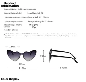 Size chart for heart-shaped children sunglasses with detailed frame measurements and specs
