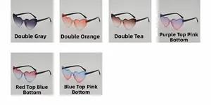 Detail view of heart-shaped sunglasses in six colorful gradient and solid lens options