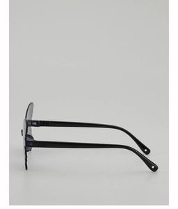 Detail view of butterfly sunglasses with unique wavy edge design and black frame
