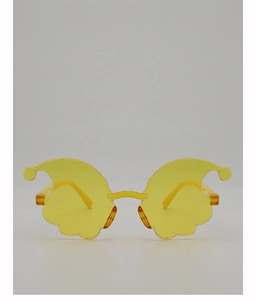 Front view of bright yellow wavy-edged novelty glasses for party costume and photo props