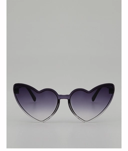 Detailed view of heart-shaped sunglasses featuring purple gradient lenses and resin frame